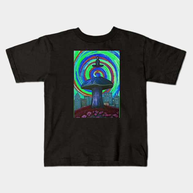 Satan Appears over Psychedelic Mushroom City 4 Kids T-Shirt by Tirsatns Stuff